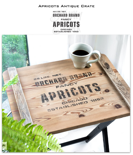Bring a touch of vintage to your projects with this Apricots antique crate stencil! This rustic fruit crate stencil is designed to mimic a real vintage crate, whether you choose to stencil reclaimed wood or ramp up an old plain crate. Stencil reads: 25 LBS NET, Orchard Brand Fancy Apricots, Chicago, Established 1853.
