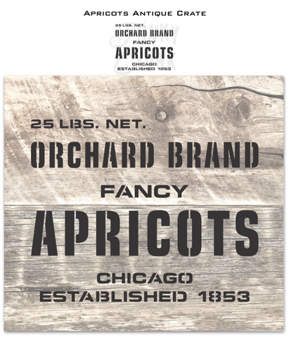 Bring a touch of vintage to your projects with this Apricots antique crate stencil! This rustic fruit crate stencil is designed to mimic a real vintage crate, whether you choose to stencil reclaimed wood or an old crate. Entire stencil reads: 25 Lbs net, Orchard Brand Fancy Apricots, Chicago, Established 1853.