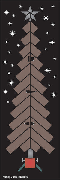 Enhance your holiday decor rustic-style with our FJ168 Chevron Christmas Tree stencil! Create a unique rustic wood tree with images of a metal star, retro tree stand and wood plank body, designed to fit 1.5" real wood strips if desired! Complete with rusty junk hinges, it will make the perfect wood Christmas tree vertical porch sign with a quirky touch!