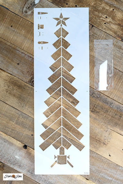 Enhance your holiday decor rustic-style with our FJ168 Chevron Christmas Tree stencil! Create a unique rustic wood tree with images of a metal star, retro tree stand and wood plank body, designed to fit 1.5" real wood strips if desired! Complete with rusty junk hinges, it will make the perfect wood Christmas tree vertical porch sign with a quirky touch!