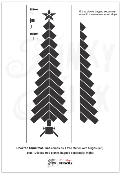 Enhance your holiday decor rustic-style with the Chevron Christmas Tree stencil! Create a unique rustic wood Christmas tree with images of a metal star, retro tree stand and wood plank body, designed to fit 1.5" real wood strips if desired! Complete with rusty junk hinges for the perfect quirky front porch sign!