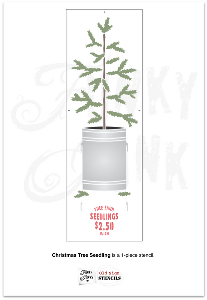 The Christmas Tree Seedling stencil features a Christmas tree seedling planted in a tin can, including a sign reading "Tree Farm Seedlings, 2.50 Each". This Christmas tree stencil features natural sparse branches attached to a woodsy stem, making decorating the tree so versatile! Makes the perfect Christmas porch sign!