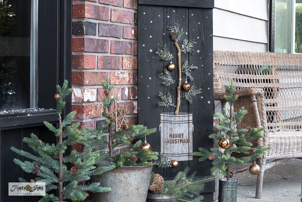 The Christmas Tree Seedling stencil features a Christmas tree seedling planted in a tin can, including a sign reading "Tree Farm Seedlings, 2.50 Each". This Christmas tree stencil features natural sparse branches attached to a woodsy stem, making decorating the tree so versatile! Makes the perfect Christmas porch sign!