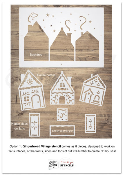 Create a dreamy holiday scene with the Gingerbread Village stencil! Included are three charming gingerbread houses with hand-drawn icing details. Included is a sky scene if stenciling on a flat surface, or use the additional stencil pieces designed to fit perfectly on cut 2x4s to create 3D houses.&nbsp;
