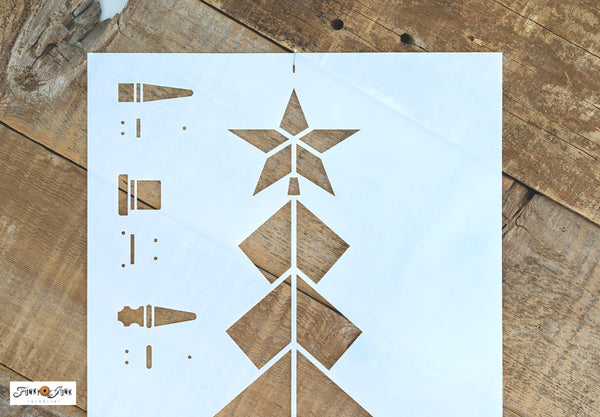 Enhance your holiday decor rustic-style with our FJ168 Chevron Christmas Tree stencil! Create a unique rustic wood tree with images of a metal star, retro tree stand and wood plank body, designed to fit 1.5" real wood strips if desired! Complete with rusty junk hinges, it will make the perfect wood Christmas tree vertical porch sign with a quirky touch!