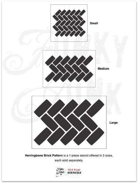 Create your own Herringbone Brick Pattern masterpiece 3 different ways! Our Herringbone Brick Pattern stencils by Funky Junk's Old Sign Stencils help you stencil a realistic brick texture on any sized project, creating a cozy, rustic vibe! Comes in 3 sizes to work with small projects, furniture, walls, floors, backsplashes and more.