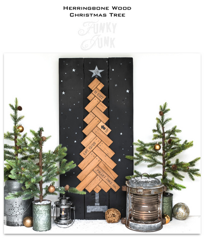 Create a wood Christmas tree with this Herringbone Wood Christmas Tree stencil! Stencil as-is, or scaled to use cedar strips for the branches. Included are individual plank stencils to measure the wood, with screw and pallet images. The metal pipe tree trunk and riveted tree stand completes the industrial look!