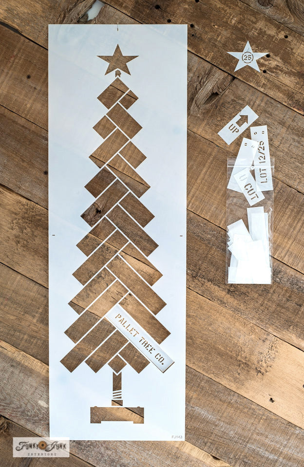 Create a wood Christmas tree with this Herringbone Wood Christmas Tree stencil! Stencil as-is, or scaled to use cedar strips for the branches. Included are individual plank stencils to measure the wood, with screw and pallet images. The metal pipe tree trunk and riveted tree stand completes the industrial look!