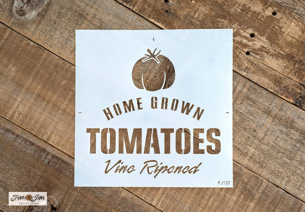 Bring the farm-fresh flavor to your garden with this Home Grown Tomatoes garden stencil. Make it an antique showstopper by stenciling it on reclaimed wood for a rustic effect to make your veggie patch pop! Home Grown Tomatoes, Vine Ripened, complete with a tomato graphic to add a pop of colour and realism to your sign!