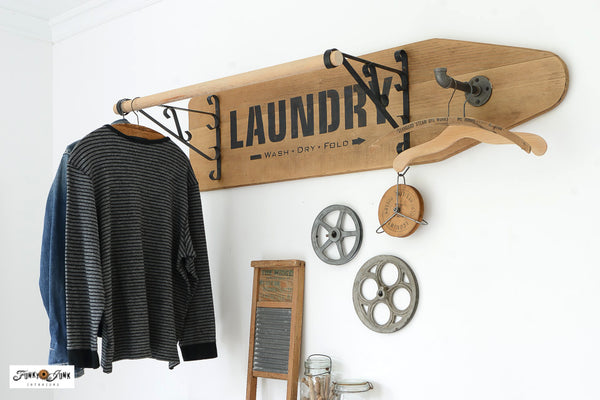 Make a DIY Laundry room drying rack with a vintage ironing board and the Laundry - large stencil!