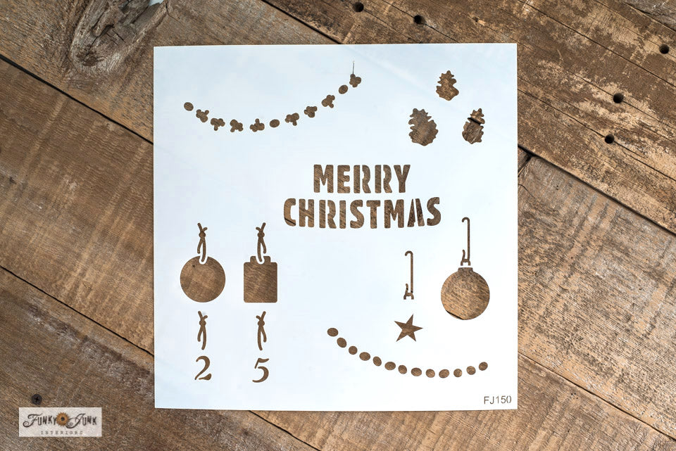 Add some holiday cheer to your next DIY Christmas project with this versatile Merry Christmas with Decorations stencil! Christmas decorations include 3 pinecones, hanging tags with a 2 and 5, ornament with hook and star, and 2 strings of cranberries and popcorn. Use to decorate a stenciled tree, gift wrap and more!