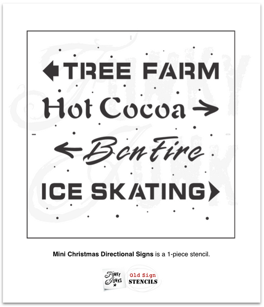 Get into the festive spirit with our Mini Christmas Directional Signs stencil! This Christmas stencil features classic directional arrow signs along with a swirling snowflake backdrop, perfect for creating a cozy Christmas tree farm experience.

Included are fun activities like hot cocoa, bonfires, and ice skating and picking out this year's Christmas tree! It's now easy to add a touch of nostalgia to your holiday decor with one Christmas sign that says it all!