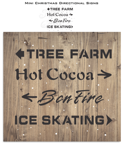 Get into the festive spirit with our Mini Christmas Directional Signs stencil! This Christmas stencil features classic directional arrow signs along with a swirling snowflake backdrop, perfect for creating a cozy Christmas tree farm experience.

Included are fun activities like hot cocoa, bonfires, and ice skating and picking out this year's Christmas tree! It's now easy to add a touch of nostalgia to your holiday decor with one Christmas sign that says it all!