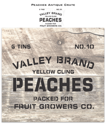 Bring a touch of vintage to your projects with this Peaches antique crate stencil! This rustic fruit crate stencil is designed to mimic a real vintage crate, whether you choose to stencil reclaimed wood or ramp up a plain old crate. Text includes: 6 TINS, NO. 10, Yellow Cling Peaches, Packed For Fruit Growers Co.