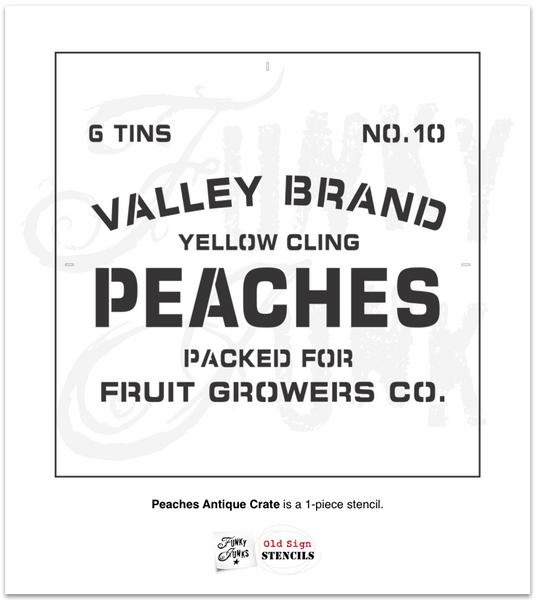 Bring a touch of vintage to your projects with this Peaches antique crate stencil! This rustic fruit crate stencil is designed to mimic a real vintage crate, whether you choose to stencil reclaimed wood or ramp up a plain old crate. Text includes: 6 TINS, NO. 10, Yellow Cling Peaches, Packed For Fruit Growers Co.