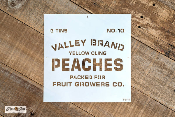 Bring a touch of vintage to your projects with this Peaches antique crate stencil! This rustic fruit crate stencil is designed to mimic a real vintage crate, whether you choose to stencil reclaimed wood or ramp up a plain old crate. Text includes: 6 TINS, NO. 10, Yellow Cling Peaches, Packed For Fruit Growers Co.