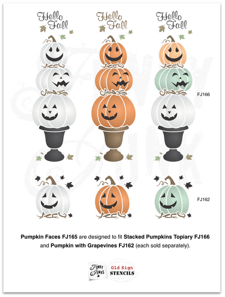 Coordinate Pumpkin Faces, Stacked Pumpkins Topiary and Pumpkin with Grapevines to get this look! Funky Junk's Old Sign Stencils