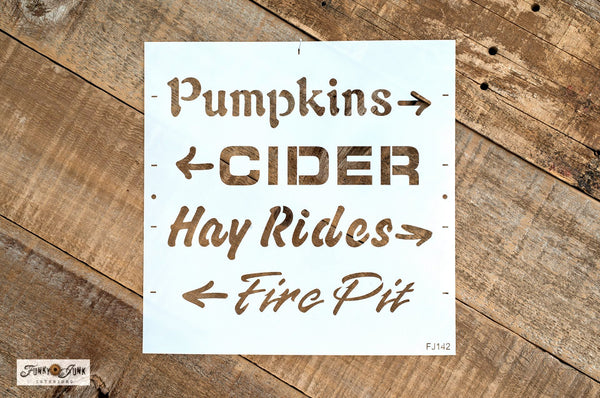 Live the pumpkin farm life - without ever leaving your backyard! Our Pumpkins, Cider, Hay Rides, and Fire Pit mini directional fall signs stencil is sure to bring all the fall vibes. Each casual font word with hand drawn arrow is designed to fit individual 2x4s to create easy fall signs, or use all-in-one as designed!