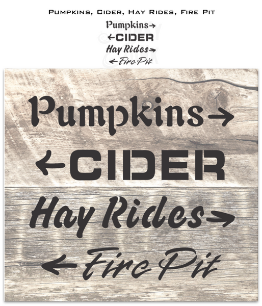 Live the pumpkin farm life - without ever leaving your backyard! Our Pumpkins, Cider, Hay Rides, and Fire Pit mini directional fall signs stencil is sure to bring all the fall vibes.  Each casual font word with hand drawn arrow is designed to fit individual 2x4s to create easy fall signs, or use all-in-one as designed!