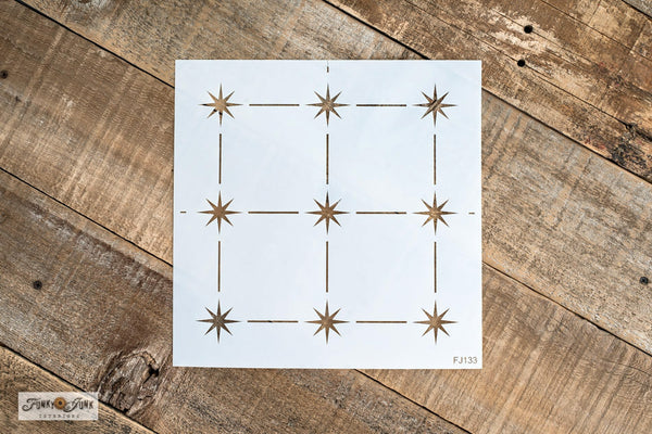 Retro Star Tile pattern stencil FJ133 is a repeating, reusable star pattern stencil that mimics popular vintage star tiles! This star pattern is scaled smaller so you can get the vintage star look on any sized project desired. Includes 9 stars joined with grid lines.