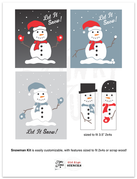 Let your winter vibes shine with a holly jolly Snowman Kit stencil! Create a cozy snowman scene with a hand drawn snowman, hat, scarf, branch arms, snowy sky and Let It Snow caption. Then enhance with a snowman face, rock buttons, and mittens. The smaller features are designed to fit onto 2x4s to create wooden snowmen! Funky Junk's Old Sign Stencils