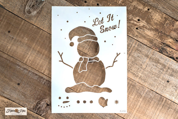 Let your winter vibes shine with a holly jolly Snowman Kit stencil! Create a cozy snowman scene with a hand drawn snowman, hat, scarf, branch arms, snowy sky and Let It Snow caption. Then enhance with a snowman face, rock buttons, and mittens. The smaller features are designed to fit onto 2x4s to create wooden snowmen!