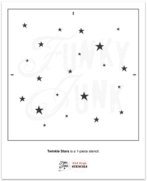 Create a star-studded backdrop with the Twinkle Stars stencil! Designed with a discrete random star pattern of different sized stars, this star stencil makes it easy to add a vibrant sky of twinkling stars to your DIY projects. This is an easy-to-extend random pattern stencil without requiring precise measurements. Funky Junk's Old Sign Stencils