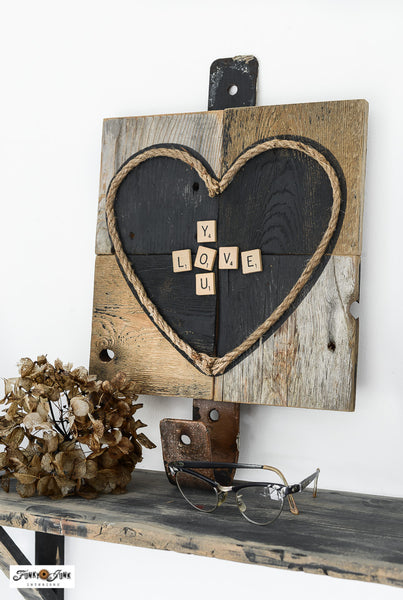 Create a charming rustic wood heart with scrabble word message with the Heart stencil by Funky Junk's Old Sign Stencils!