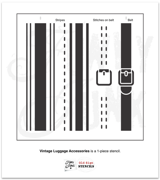 Stencil vintage charm on projects with the Vintage Luggage Accessories FJ145 stencil! Perfect for DIYers, this stencil makes it easy to customize your projects with stripes, stitching and a belt strap so you can get a grain sack or steam trunk look every time! Team up with Vintage Luggage Kit for full luggage effect. 