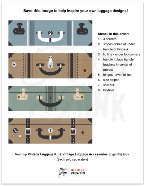 Team up Vintage Luggage Kit and Vintage Luggage Accessories to ge a complete vintage luggage look! Funky Junk's Old Sign Stencils.