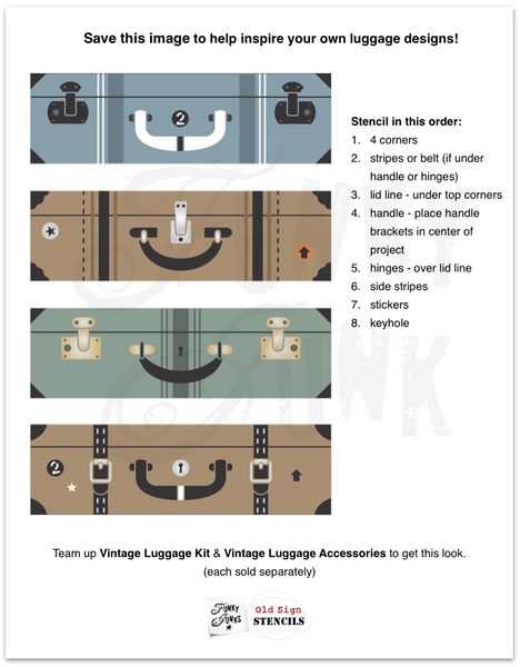 How to stencil with Vintage Luggage Kit stencil. Print this handy guide for inspiration. Funky Junk's Old Sign Stencils