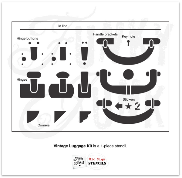 Transform any DIY project into a vintage-inspired piece with the Vintage Luggage Kit stencil! Add a vintage suitcase look onto furniture, drawer fronts, planks, crates and more with a generous selection of corners, hinges, handles and stickers. Team up with Vintage Luggage Accessories (sold separately) to add stripes.