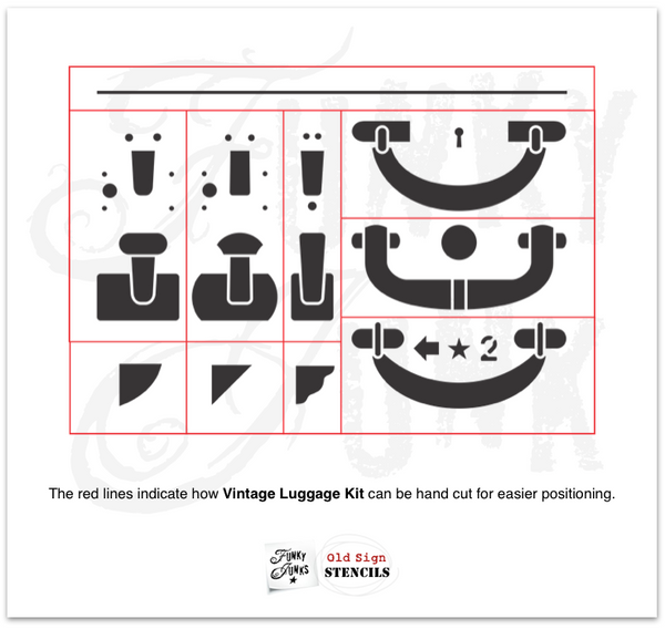 For easier positioning, use red cutting lines to separate Vintage Luggage Kit stencil into separate designs.