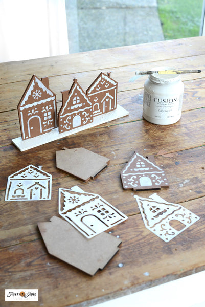 Create a dreamy holiday scene with the Gingerbread Village stencil! Included are three charming gingerbread houses with hand-drawn icing details. Included is a sky scene if stenciling on a flat surface, or use the additional stencil pieces designed to fit perfectly on cut 2x4s to create 3D houses.