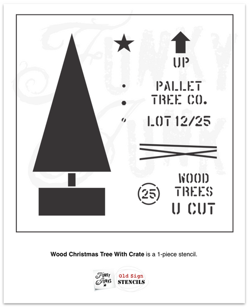 Add some rustic cheer to your Christmas decor with the Wood Christmas Tree in Crate stencil! This Christmas tree stencil has a wood tree shape, trunk and a crate tree skirt, with pallet crate graphics, a twine wrap, plus bolts, nails, and screws to decorate the tree or crate! Graphics are sized to stencil on real wood.