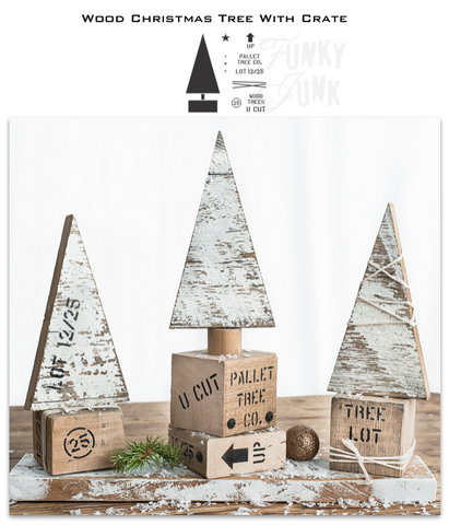 Add some rustic cheer to your Christmas decor with the Wood Christmas Tree in Crate stencil! This Christmas tree stencil has a wood tree shape, trunk and a crate tree skirt, with pallet crate graphics, a twine wrap, plus bolts, nails, and screws to decorate the tree or crate! Graphics are sized to stencil on real wood.