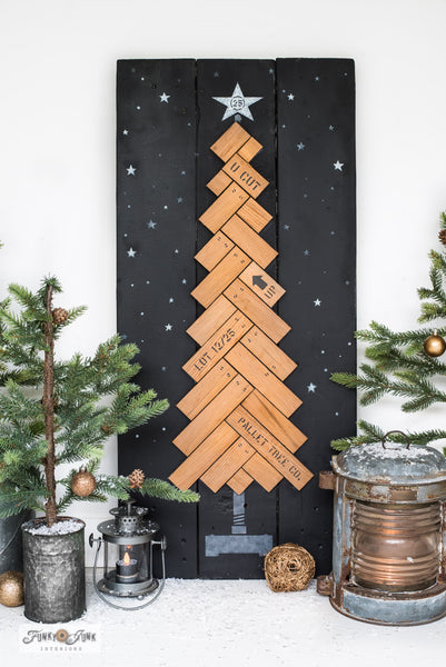 Learn how to make this charming Herringbone Wood Christmas Tree with wood planks! With Funky Junk's Old Sign Stencils.