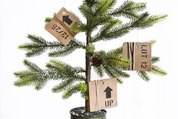 Make rustic Christmas tree ornaments with scrap wood and Wood Christmas Tree in Crate stencil by Funky Junk's Old Sign Stencils!