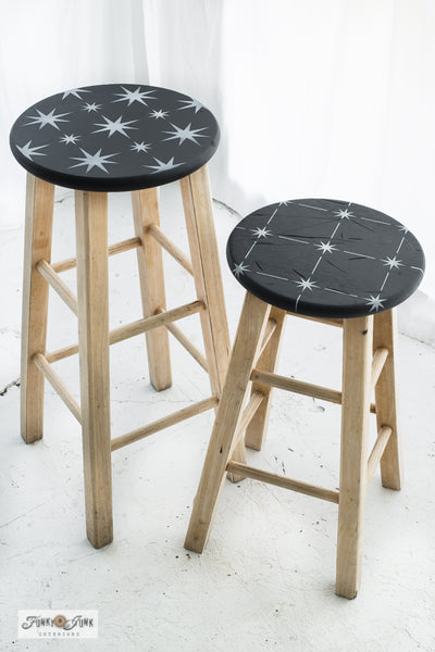 Stenciled coordinating Retro Star and Retro Star Tile wooden bar stools with Funky Junk's Old Sign Stencils