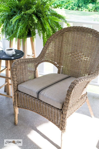Stencil a Grain Sack Stripe on a chair cushion to achieve an instant grain sack fabric effect! With Funky Junk's Old Sign Stencils.