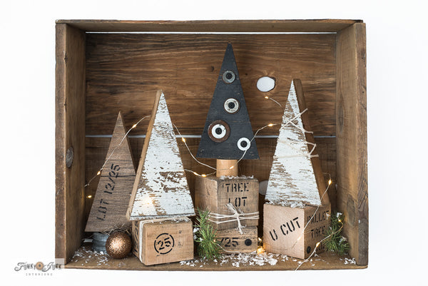 Add some rustic cheer to your Christmas decor with the Wood Christmas Tree in Crate stencil! This Christmas tree stencil has a wood tree shape, trunk and a crate tree skirt, with pallet crate graphics, a twine wrap, plus bolts, nails, and screws to decorate the tree or crate! Graphics are sized to stencil on real wood.