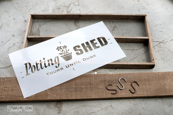 Potting Shed by Funky Junk's Old Sign Stencils. Paint professional looking vintage farmhouse styled garden signs onto reclaimed wood with a stencil in minutes!