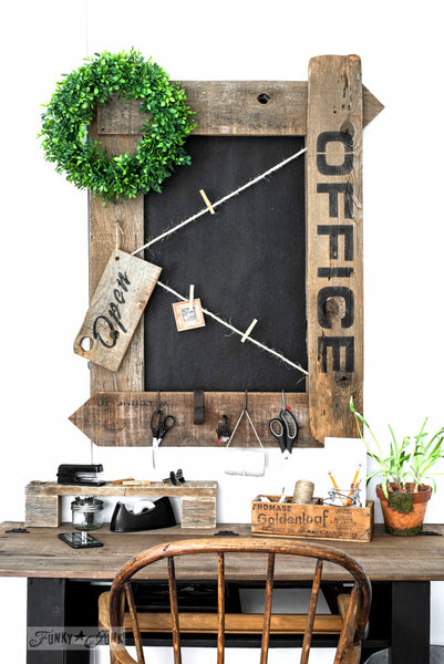 Make this Office framed bulletin painted chalkboard loaded with farmhouse charm with Funky Junk's Old Sign Stencils!