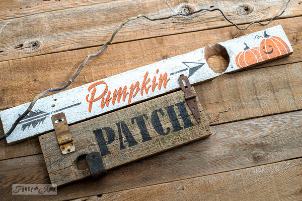 Fall Graphics stencils by Funky Junk's Old Sign Stencils is the perfect stencil to bring your fall or Halloween stenciled signs to life! Team up these stencils with our fall signs that match - Corn Maze, Hay Rides, Pumpkin Patch and Apple Cider. Add our Arrow Kit to complete the reproduction sign look!