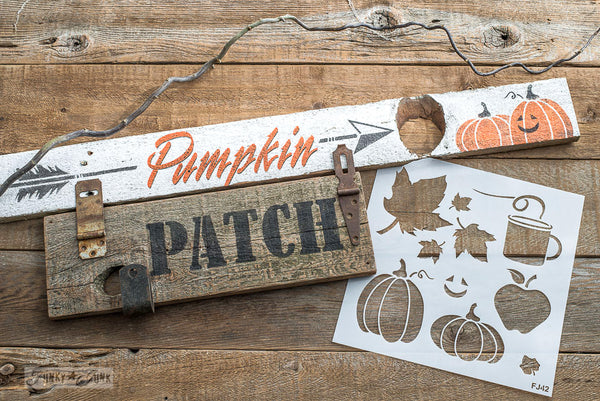 Fall Graphics stencils by Funky Junk's Old Sign Stencils is the perfect stencil to bring your fall or Halloween stenciled signs to life! Team up these stencils with our fall signs that match - Corn Maze, Hay Rides, Pumpkin Patch and Apple Cider. Add our Arrow Kit to complete the reproduction sign look!