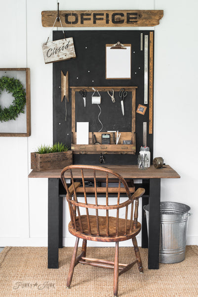 Make this Office sign with bulletin painted chalkboard loaded with farmhouse charm with Funky Junk's Old Sign Stencils!