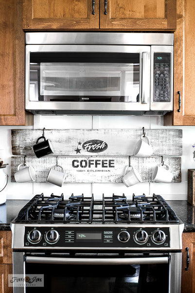 The Fresh Coffee stencil by Funky Junk's Old Sign Stencils celebrates our favorite beverage! Styled as a logo, this coffee stencil design looks fabulous stenciled as a crate stamp, sign, on pillow covers and fits perfectly on most smaller scaled projects.