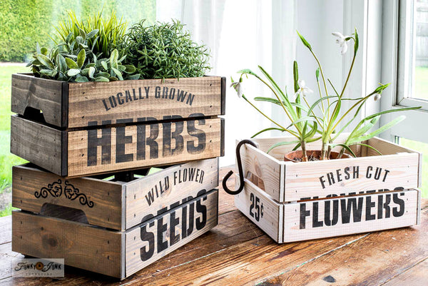 Locally Grown Herbs garden stencil by Funky Junk's Old Sign Stencils celebrates all things garden, sign, crate or grain sack style! Big, bold timeless letters with decorative herb leaf graphics to complete your garden loving story. This stencil is compact for smaller garden projects.