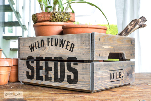 Wild Flower Seeds 10 LB garden stencil by Funky Junk's Old Sign Stencils celebrates all things garden, crate or grain sack style! Big, bold timeless letters with a decorative flourish. Compact for smaller garden projects.