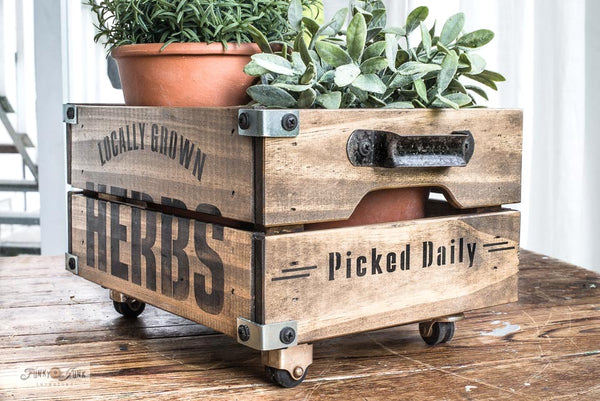 Locally Grown Herbs garden stencil by Funky Junk's Old Sign Stencils celebrates all things garden, sign, crate or grain sack style! Big, bold timeless letters with decorative herb leaf graphics to complete your garden loving story. This stencil is compact for smaller garden projects.
